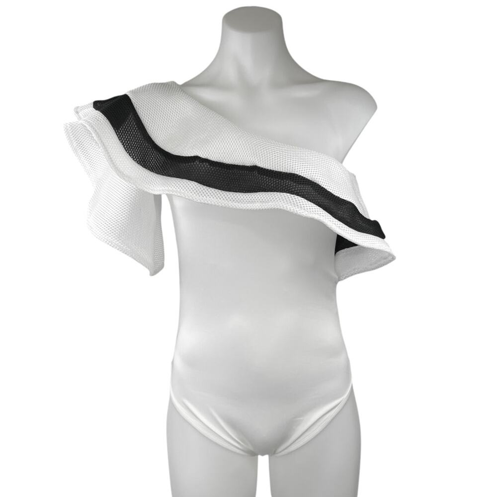 Women's White Black Ruffle Striped One Shoulder Stretch Bodysuit Top Size M